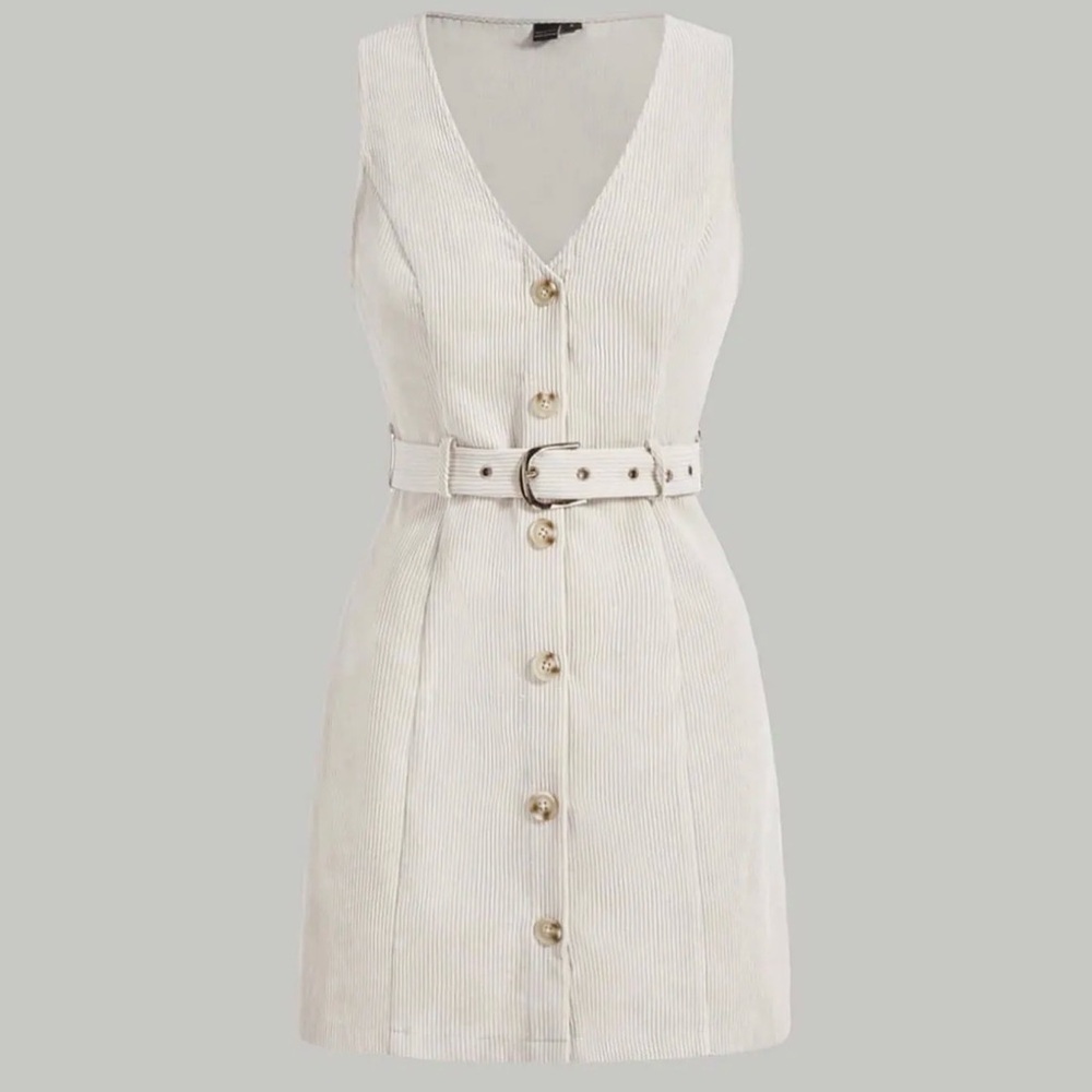 SHEIN Cream Textured Belted V-Neck Mini Dress
